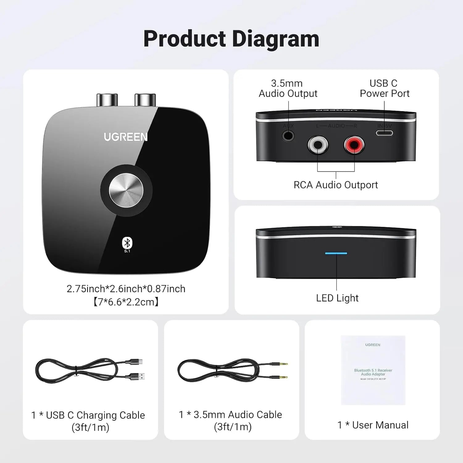 Ugreen bluetooth Receiver Adapter 5.0 aptX 2RCA / 3.5 mm mini jack black (40759)