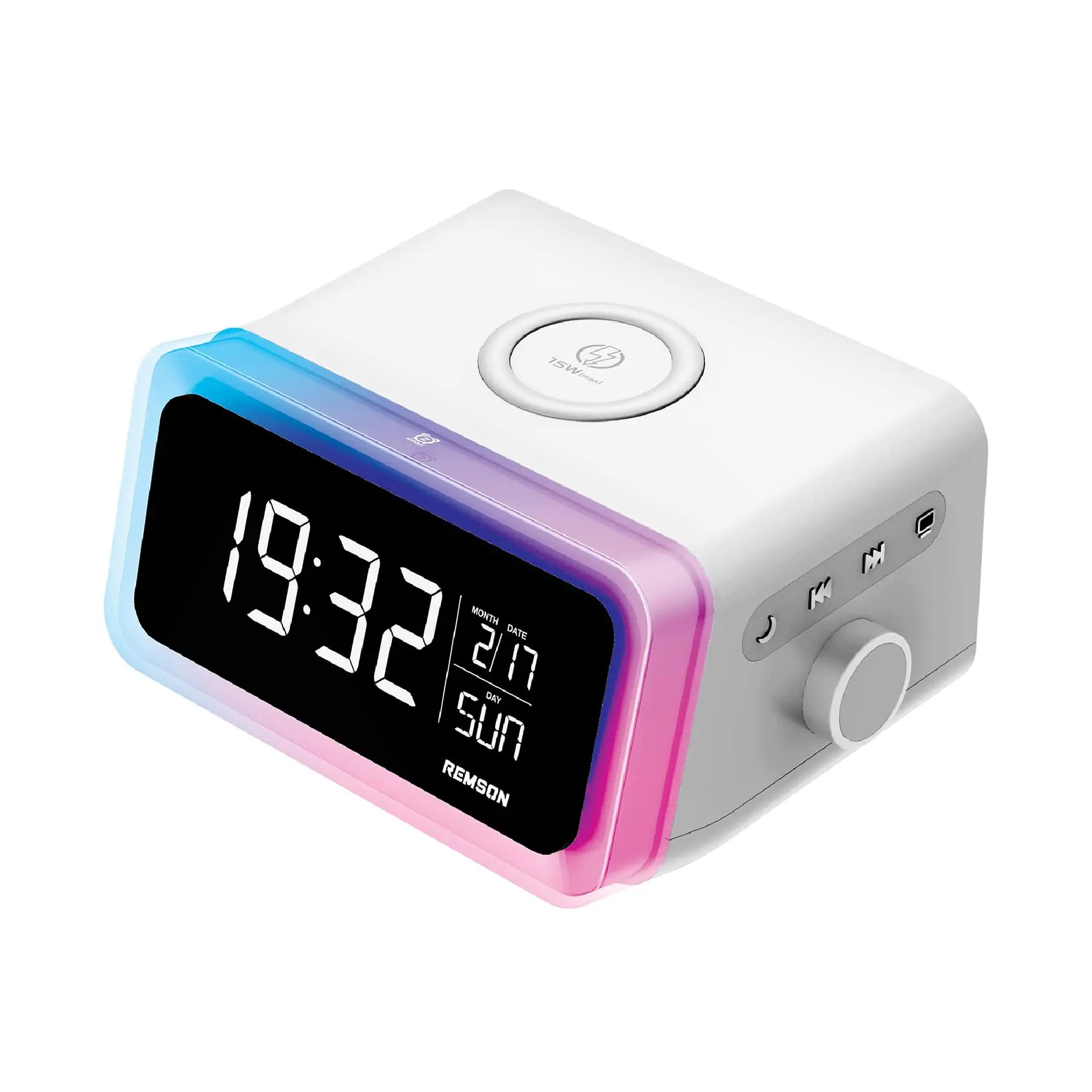 Remson Omni 15W Digital LED RGB Alarm Clock with Wireless Charger and Speaker – White