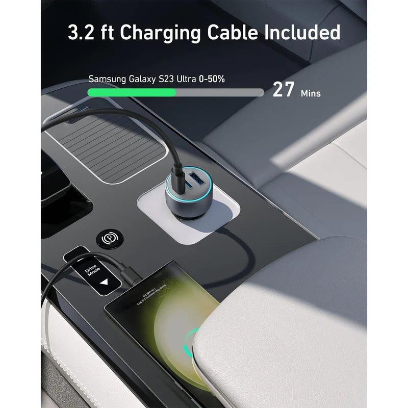Anker 535 Car Charger (67W) With 1 USB & 2 Type-C Ports - Gray