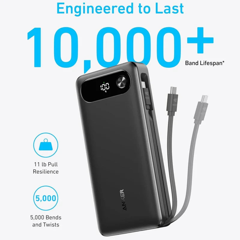 شاحن Anker 65 وات ثنائي الاتجاه مع كابل مدمج Anker Power Bank (20,000 مللي أمبير، 87 وات، كابل مدمج) - أسود