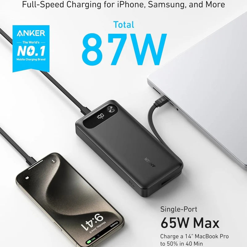 شاحن Anker 65 وات ثنائي الاتجاه مع كابل مدمج Anker Power Bank (20,000 مللي أمبير، 87 وات، كابل مدمج) - أسود