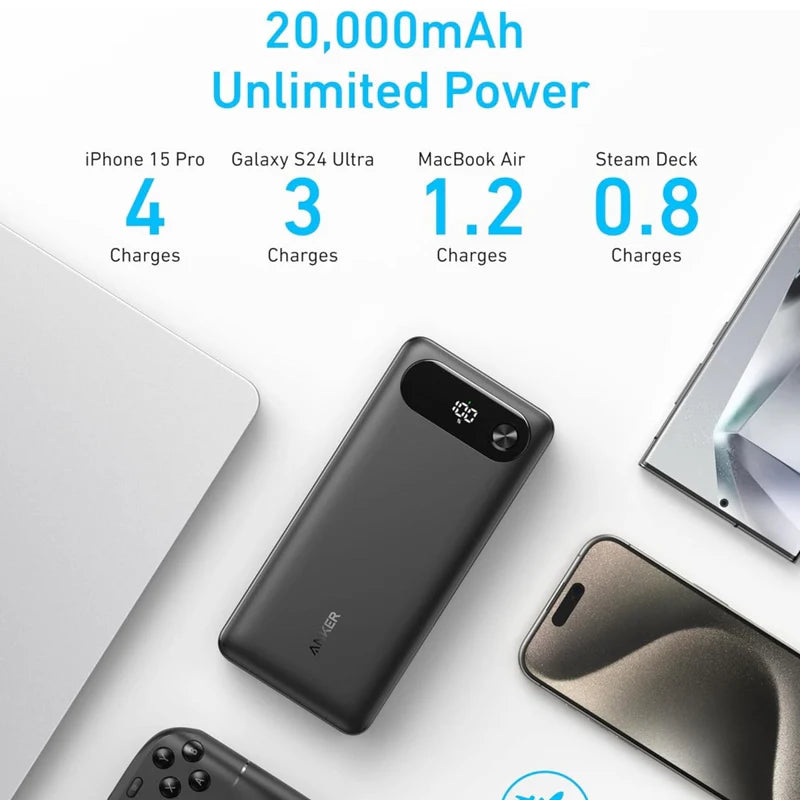 شاحن Anker 65 وات ثنائي الاتجاه مع كابل مدمج Anker Power Bank (20,000 مللي أمبير، 87 وات، كابل مدمج) - أسود