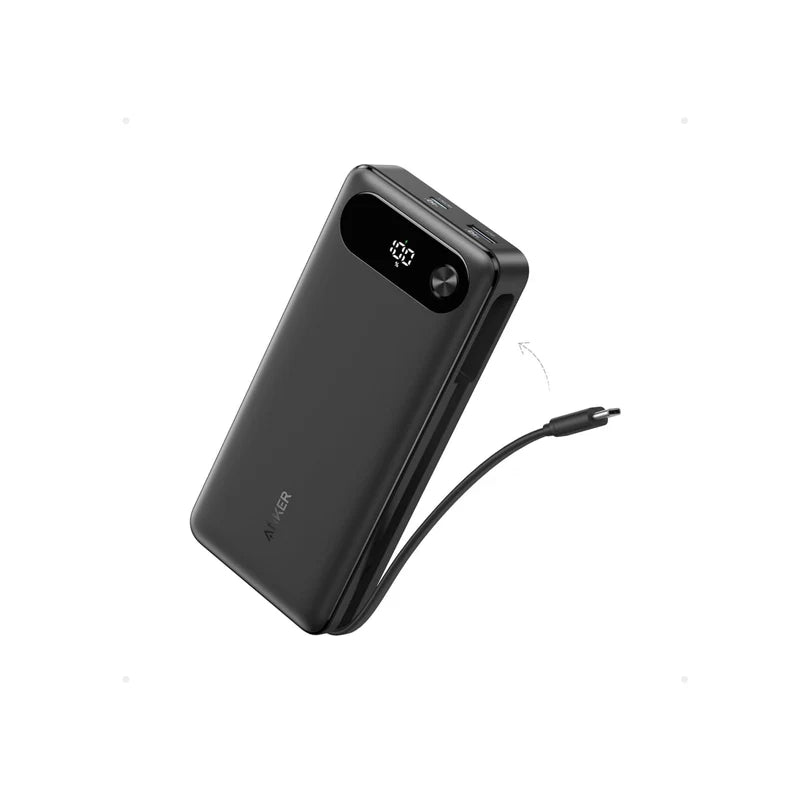 شاحن Anker 65 وات ثنائي الاتجاه مع كابل مدمج Anker Power Bank (20,000 مللي أمبير، 87 وات، كابل مدمج) - أسود