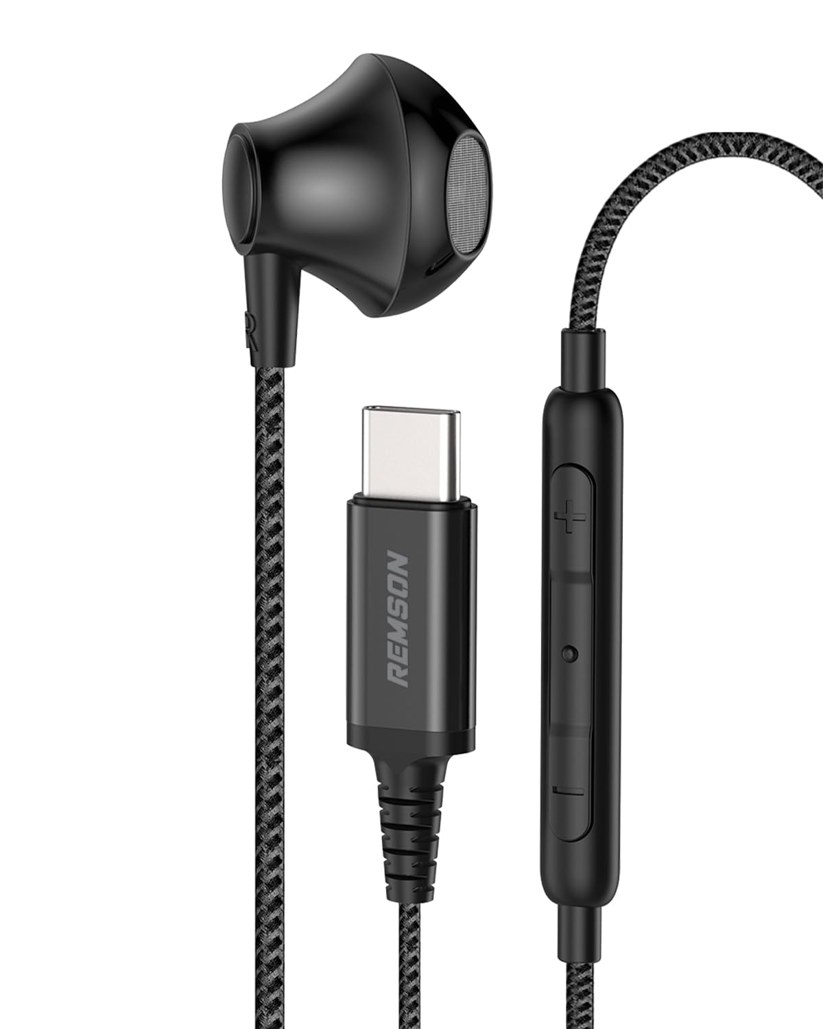 Remson Wired Mono Stereo Earphone USB Type-C Connector Headphone Earphone Earbud Hi-Fi In-Line Remote - Black