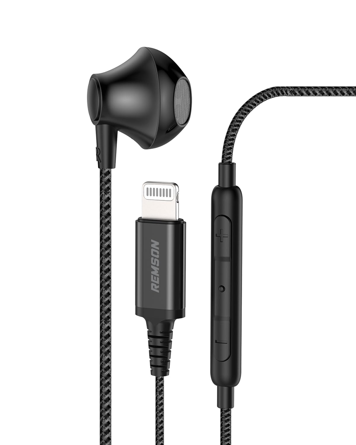 [Apple MFi Certified] Remson Wired Mono Stereo Earphone MFi Lightning Connector Headphone/Earphone/Earbud Hi-Fi with In-Line Remote - Black