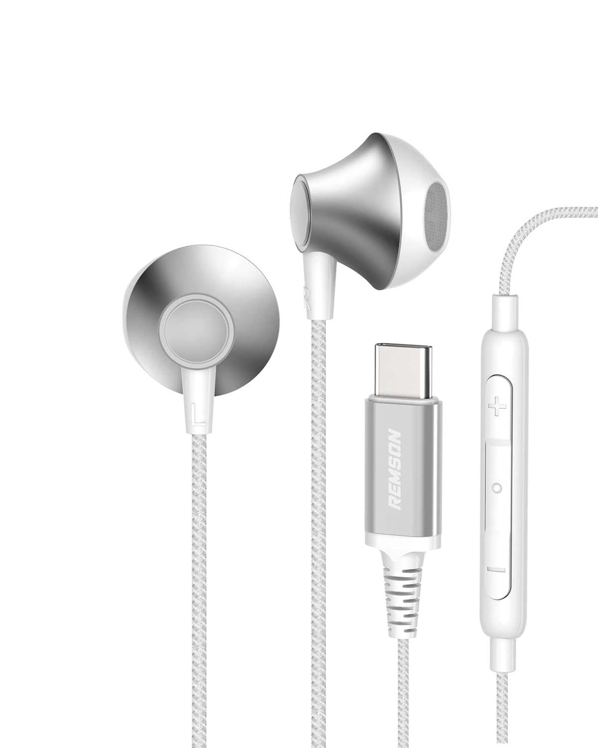 Remson Wired Stereo Earphones USB Type-C Connector Headphones Earphones Earbuds Hi-Fi In-Line Remote - White