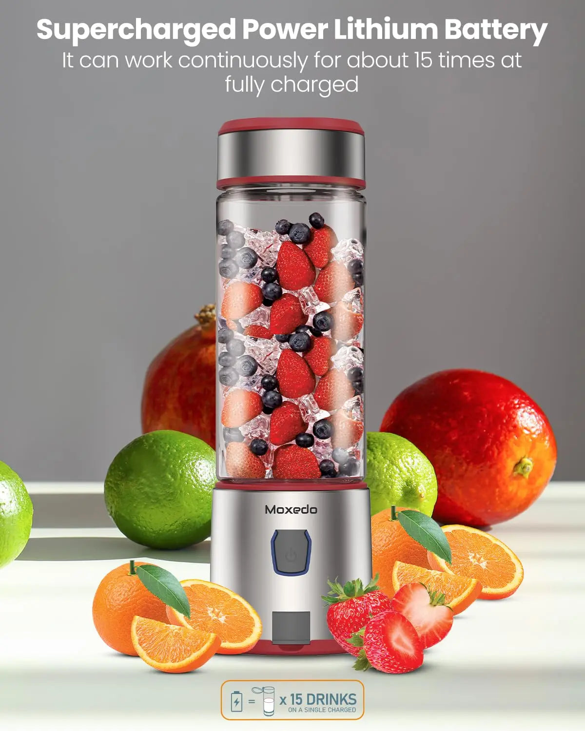 Moxedo Portable Juicer Blender USB Rechargeable 6 Stainless Steel Blades 15oz BPA Free Handheld Personal Mini Blender for Shake and Smoothies - Red