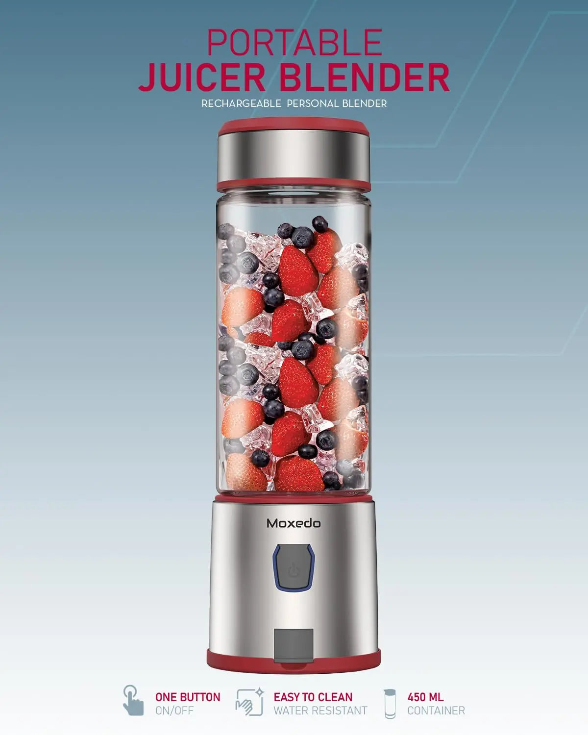 Moxedo Portable Juicer Blender USB Rechargeable 6 Stainless Steel Blades 15oz BPA Free Handheld Personal Mini Blender for Shake and Smoothies - Red