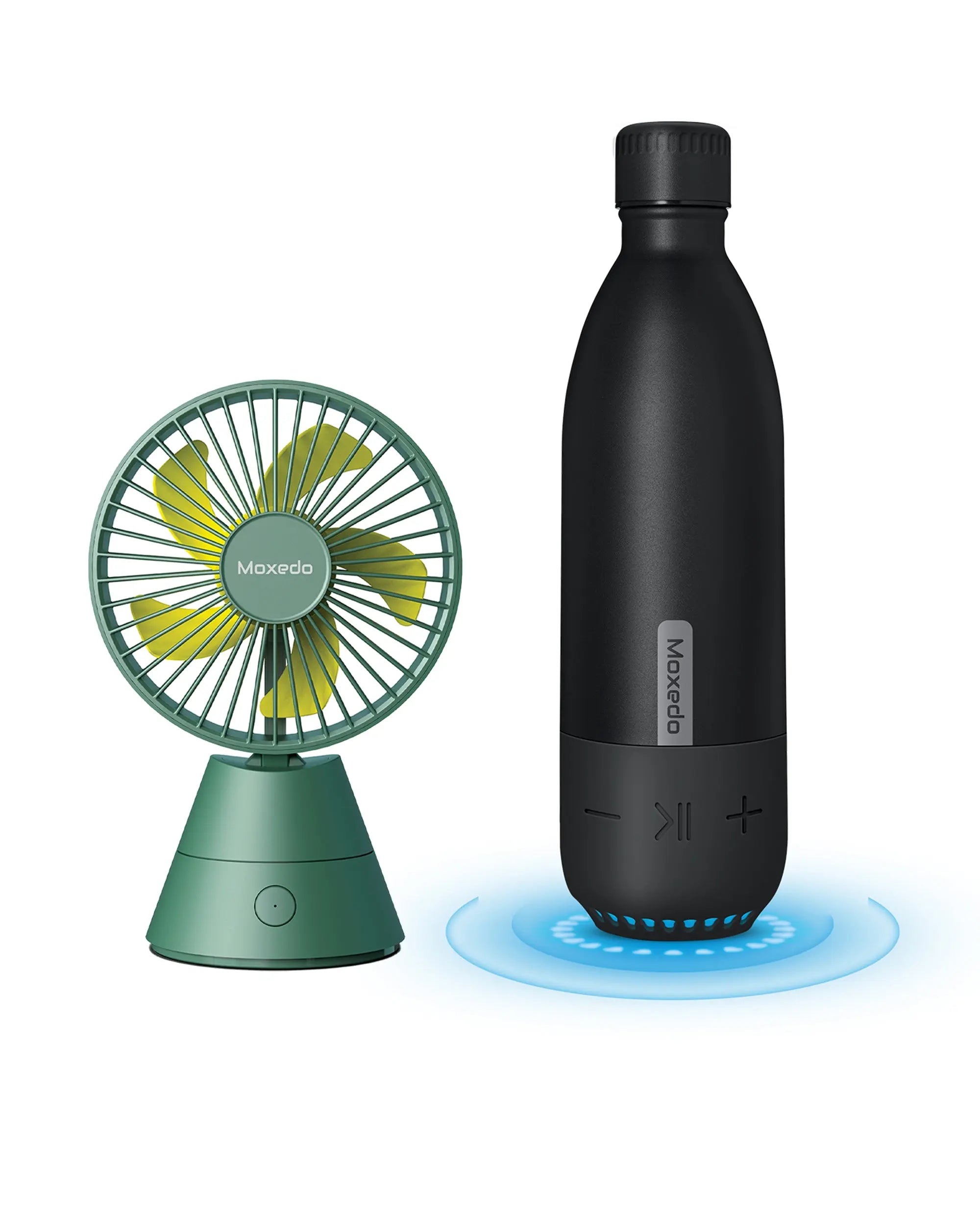 Moxedo Stainless Vaccum Flask with Bluetooth Speaker + Green Desktop Mini Fan with ocilation function - Offer VAC012-BK+DF013 TECHVERGE