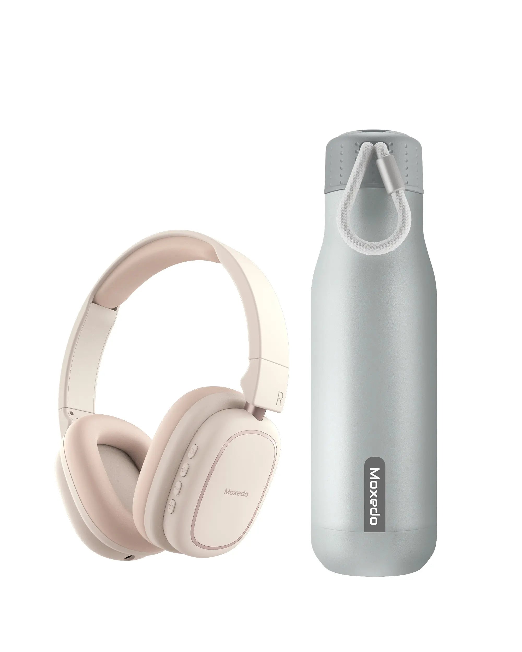 Moxedo Outdoor Combo - Ravebass Beige Headphones + Silver Stainless Steel Vaccum Flask - Offer WH024/VAC011SLV TECHVERGE