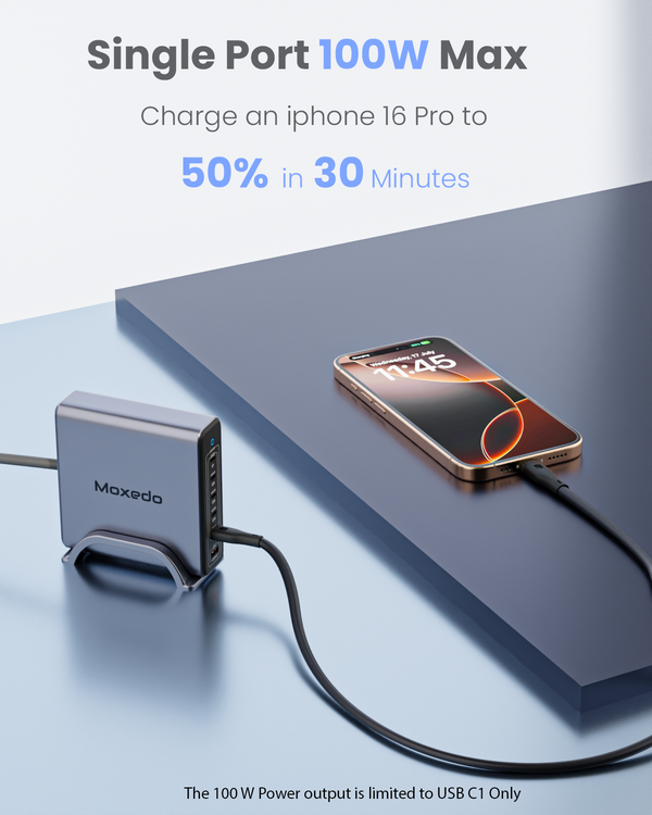 Moxedo Volton II PD GaN Desktop Charger 300W PD 3.1 PPS 5 USB-C and 1 USB-A Port with 1.2 Meter Power Cord and Detachable Metal Base.