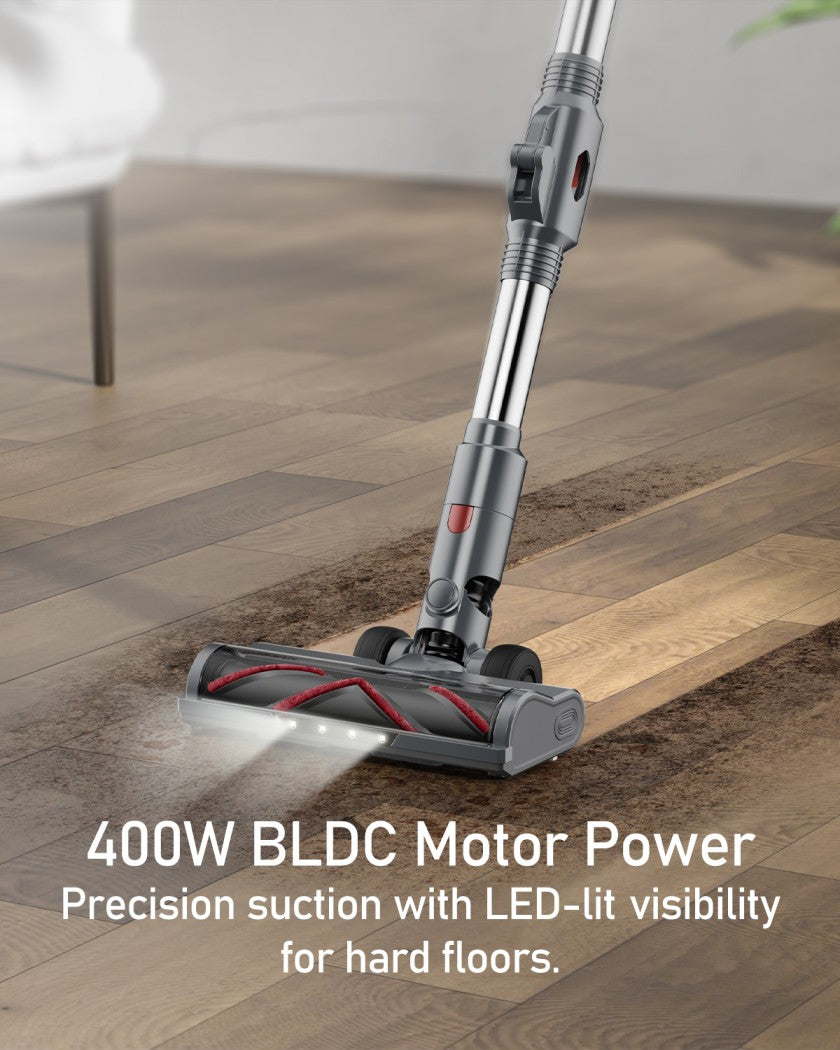 Moxedo Cordless Vacuum Cleaner 30KPa ,3 Speed Modes ,400W BLDC Motor, LED Display Stick Vacuum with Built-in Flashlight Free Standing Design for Car Home Carpet Hardwood Floor