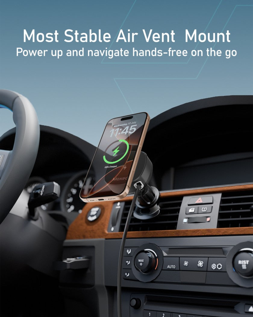 Moxedo 2 in 1 Wireless Charger Phone Holder 15W Magnetic Car Mount Air Vent Metal Hook with Built-in USB-A/ USB-C Retractable Cable Compatible for iPhone 16 15 14 13 12 Pro Max Mag Safe Case