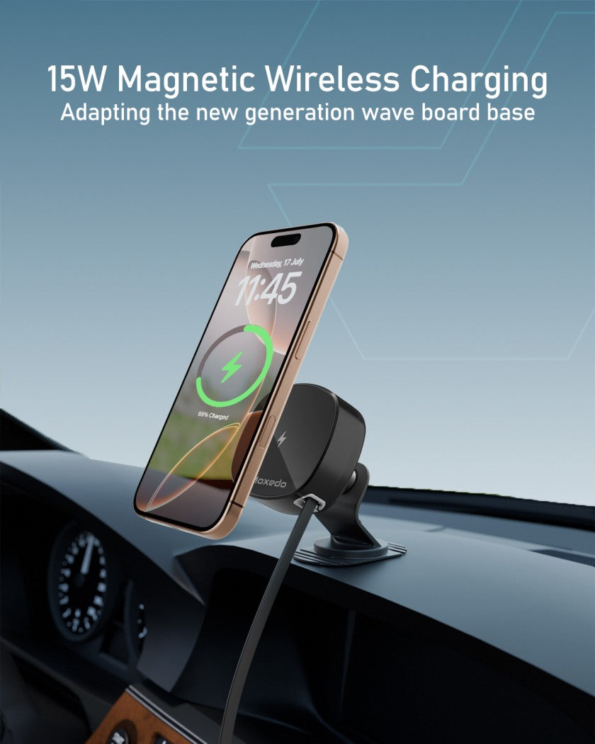 Moxedo 2 in 1 Wireless Charger Phone Holder 15W Magnetic Car Mount Air Vent Metal Hook with Built-in USB-A/ USB-C Retractable Cable Compatible for iPhone 16 15 14 13 12 Pro Max Mag Safe Case