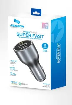 Remson Presto Charge 120W Super-Fast Power Delivery 3.0 Car Charger 2 USB-C Port / 1 USB- A Port Compatible with iPhone 16/15/14/13/12 Pro/Max/iPhone 11/ Samsung Galaxy Note 20/10 S24/23/22, Google Pixel Remson