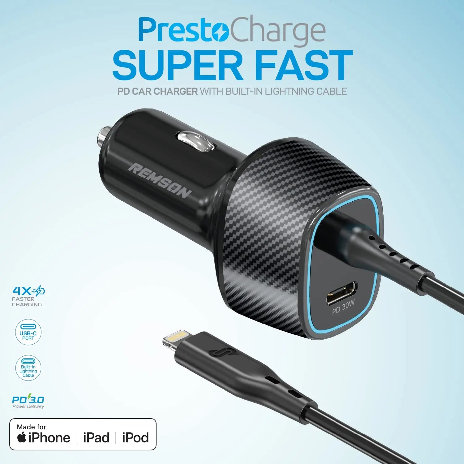 Remson Remson Presto Charge 57W Car Charger USB-C Port Built-In Lightning Cable