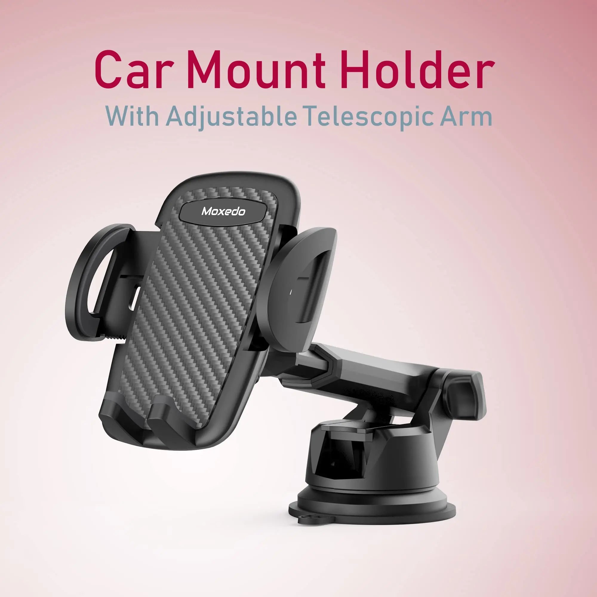 Moxedo Car Mount Phone Holder Adjustable Telescopic Arm Windshield/Dashboard 360 Rotation Suction Cup - Black