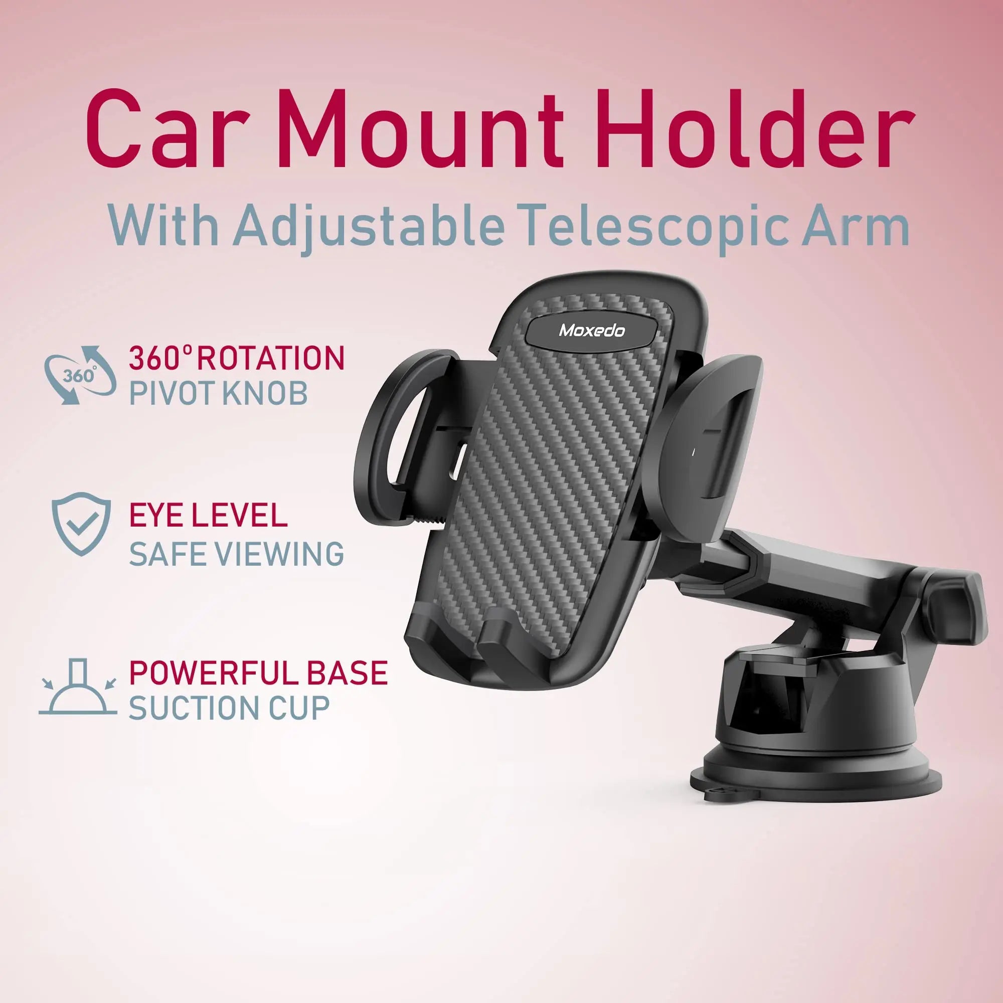 Moxedo Car Mount Phone Holder Adjustable Telescopic Arm Windshield/Dashboard 360 Rotation Suction Cup - Black