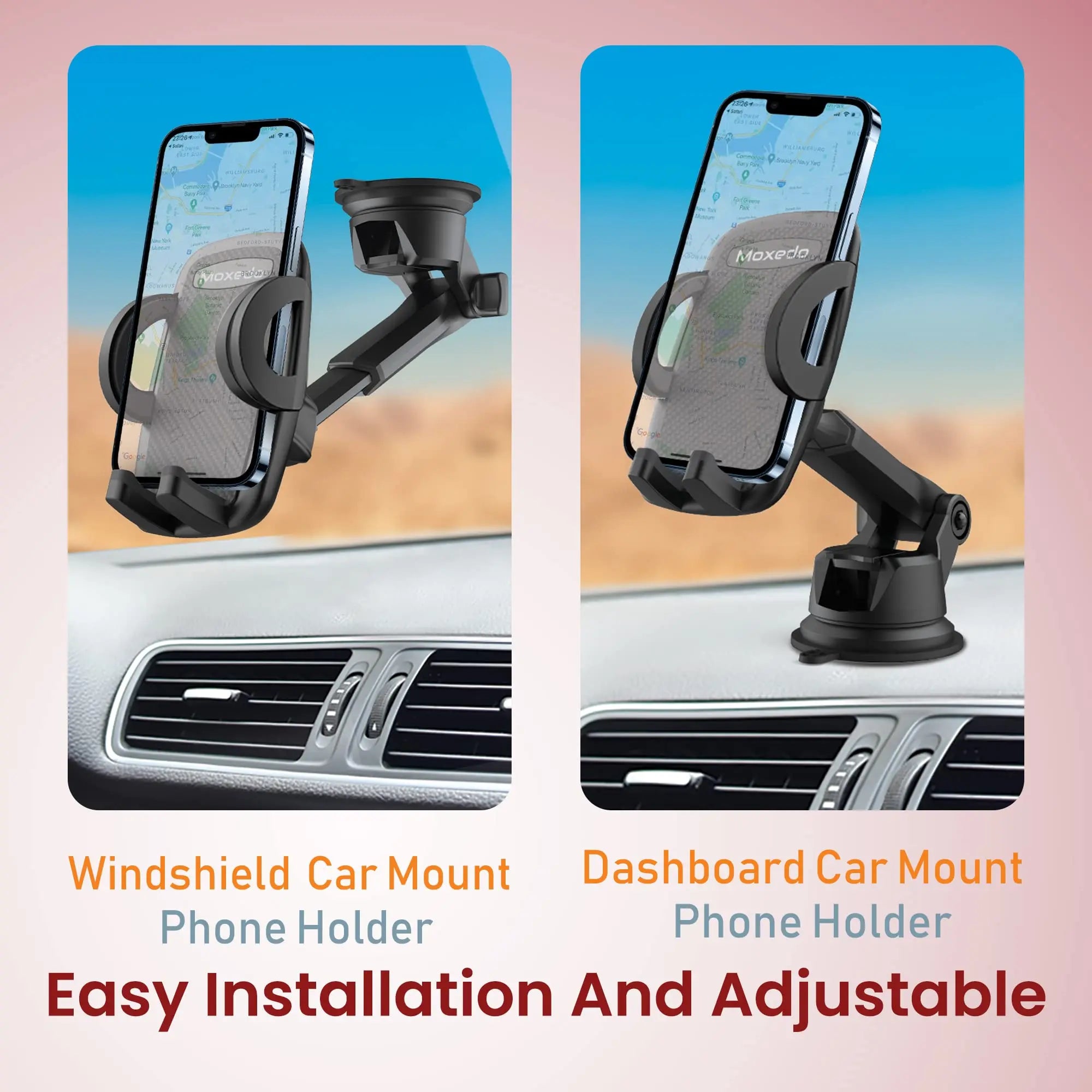 Moxedo Car Mount Phone Holder Adjustable Telescopic Arm Windshield/Dashboard 360 Rotation Suction Cup - Black