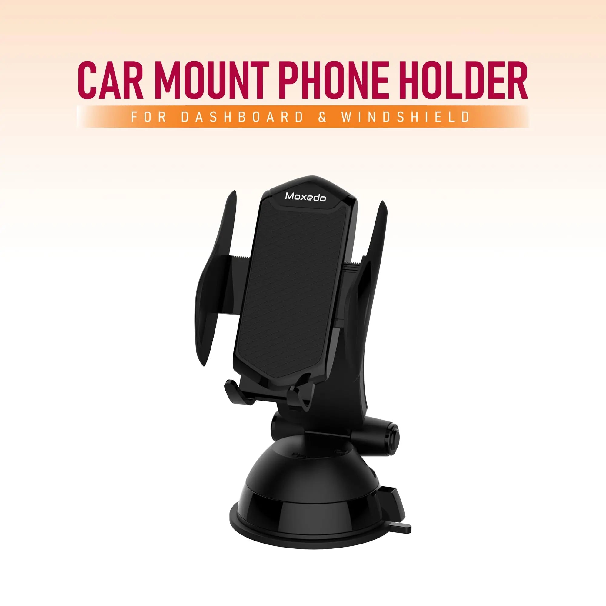 Moxedo Car Mount Phone Holder for Dashboard Windshield 360° Rotation Extendable Side Arms One Touch Lock Release Compatible for All Smartphones - Black