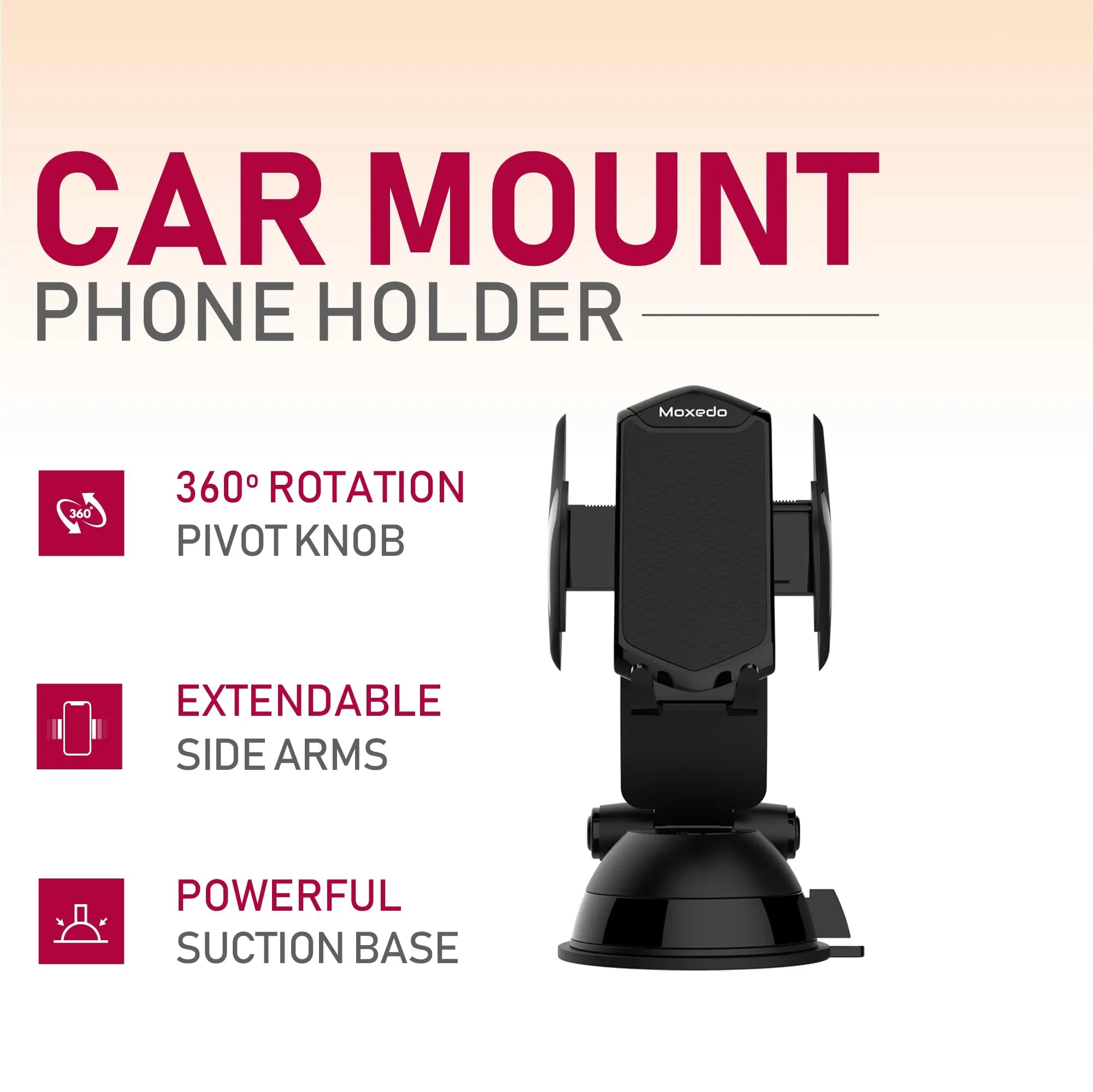 Moxedo Car Mount Phone Holder for Dashboard Windshield 360° Rotation Extendable Side Arms One Touch Lock Release Compatible for All Smartphones - Black