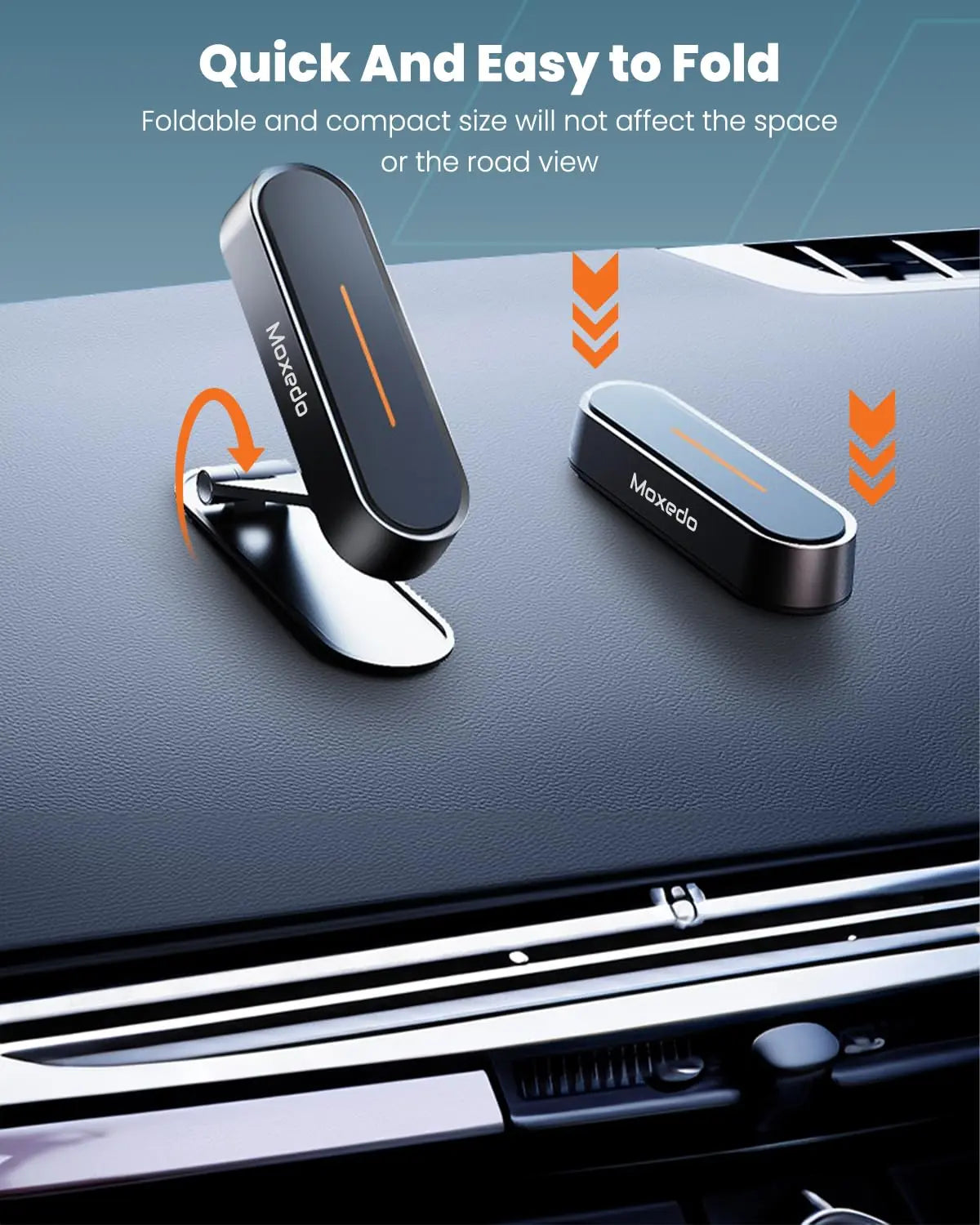 Moxedo Magnetic Car Phone Holder Foldable Adjustable One-Handed Operation Aluminum Alloy 360° Rotation with Metal Plate for All Smartphone