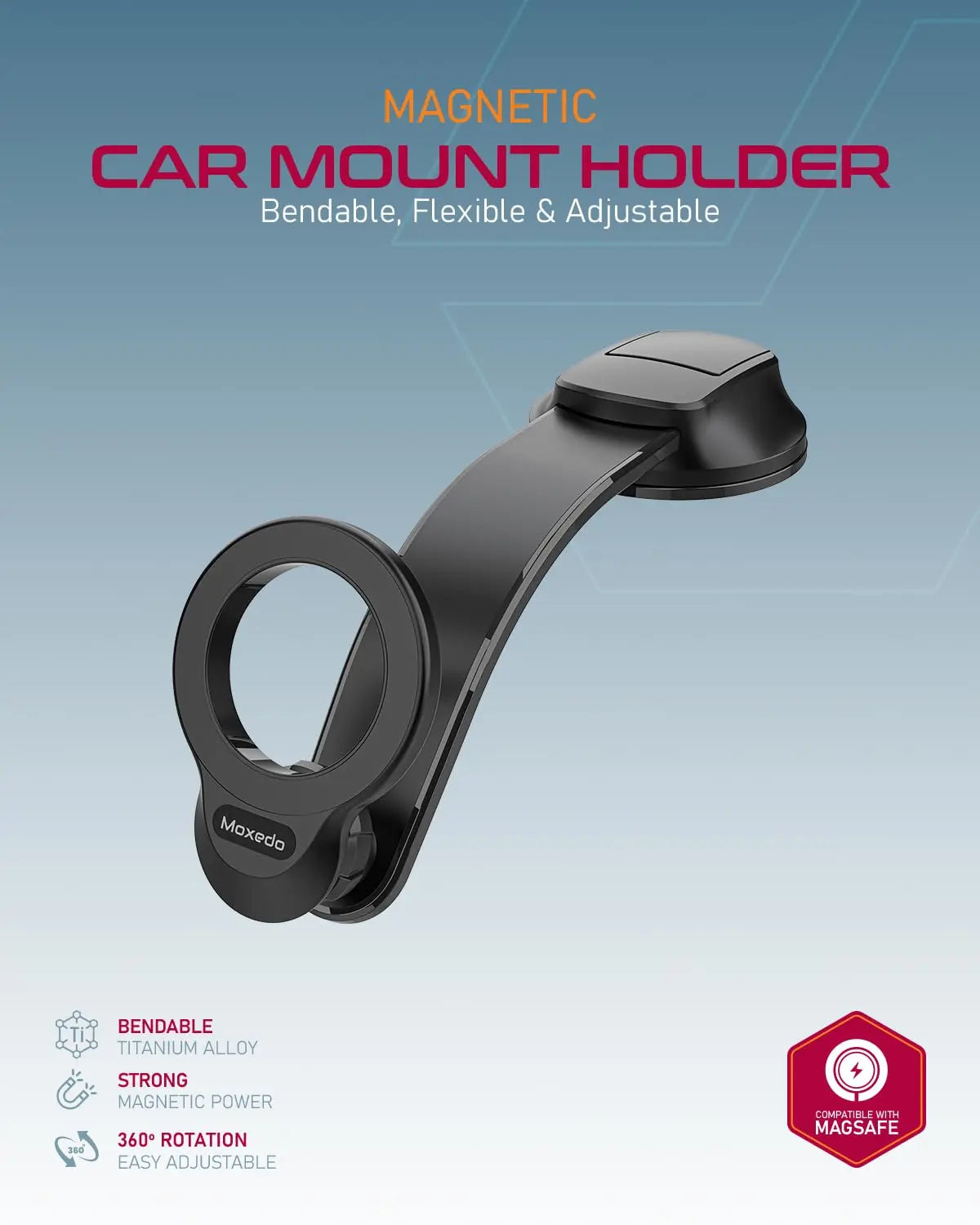 Moxedo Magnetic Car Mount Holder for Magnetic Safe Dashboard Desktop Bendable 360 Rotatable Adjustment