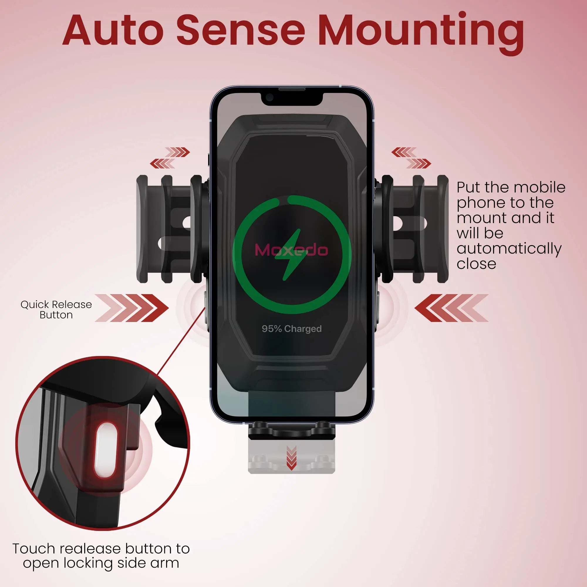 Moxedo 15W Wireless Phone Holder with Car Charger Qi Auto Sensor Windshield/Dashboard/Air Vent