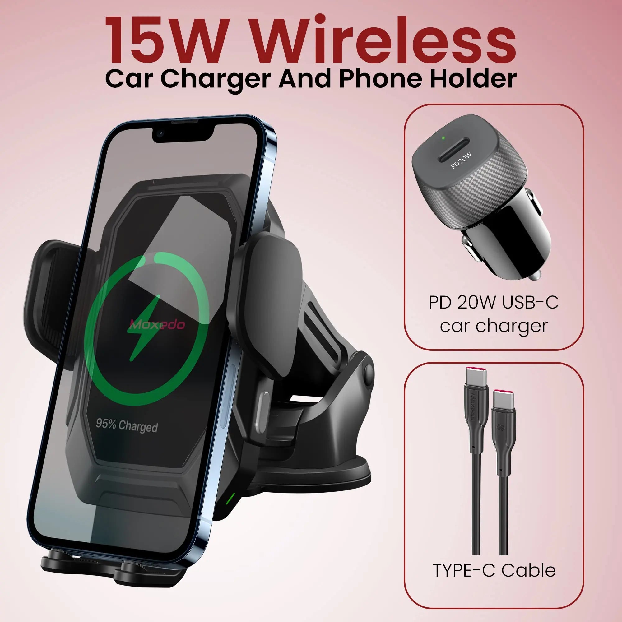 Moxedo 15W Wireless Phone Holder with Car Charger Qi Auto Sensor Windshield/Dashboard/Air Vent