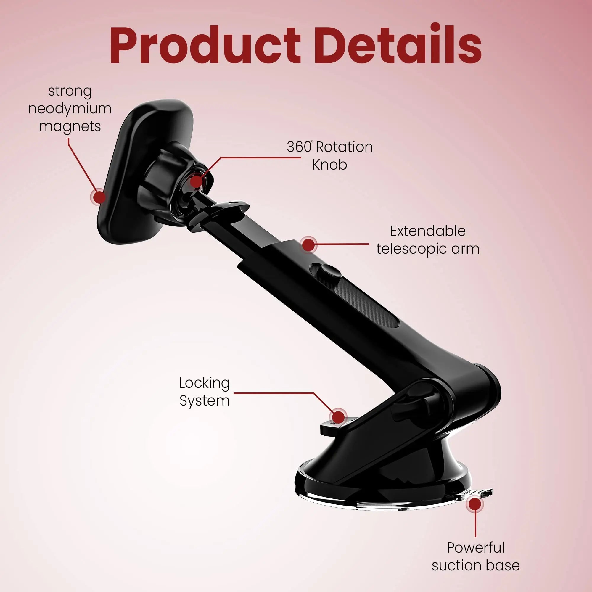 Moxedo Magnetic Car Mount Phone Holder Hands Free Windshield, Dashboard, Adjustable Telescopic Arm