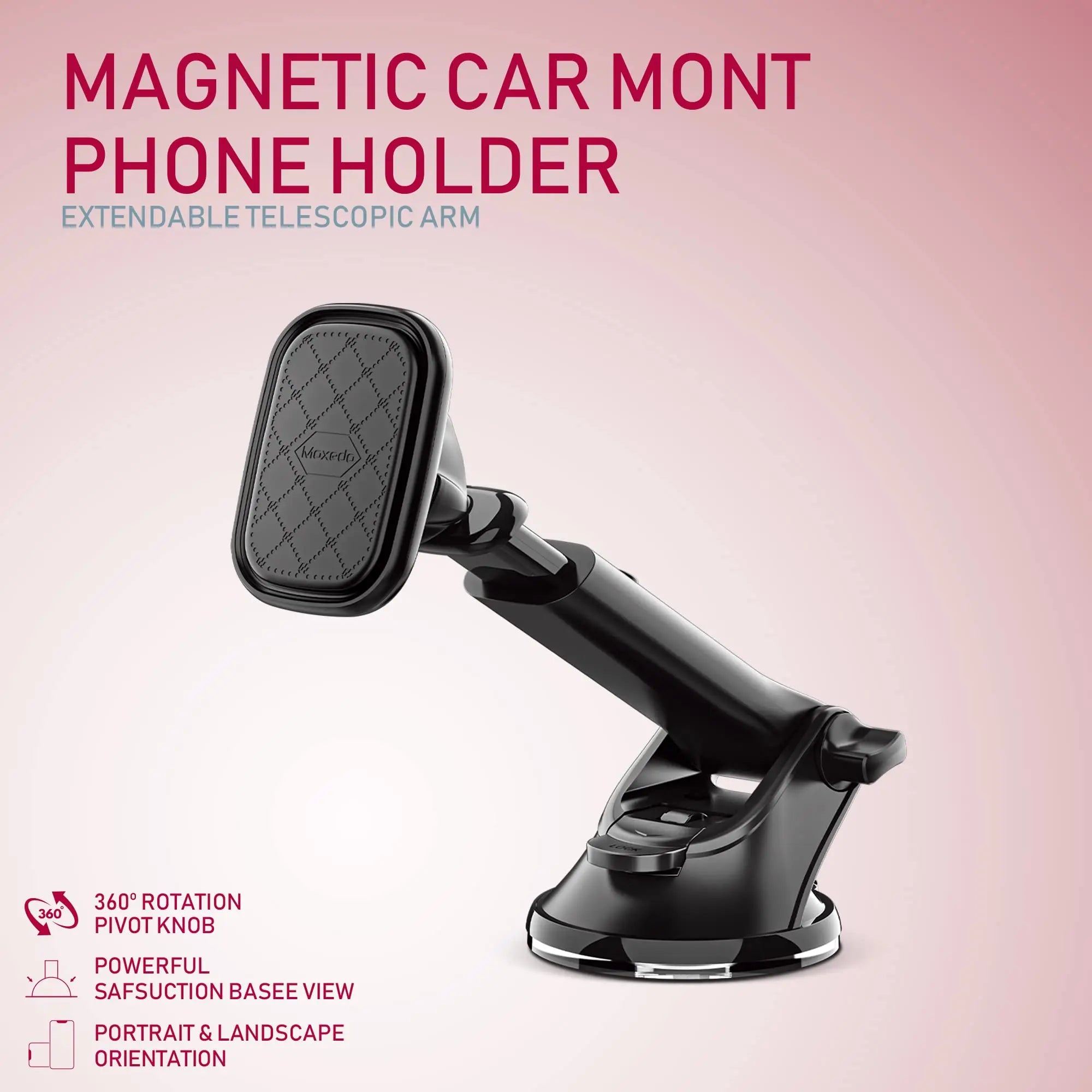 Moxedo Magnetic Car Mount Phone Holder Hands Free Windshield, Dashboard, Adjustable Telescopic Arm