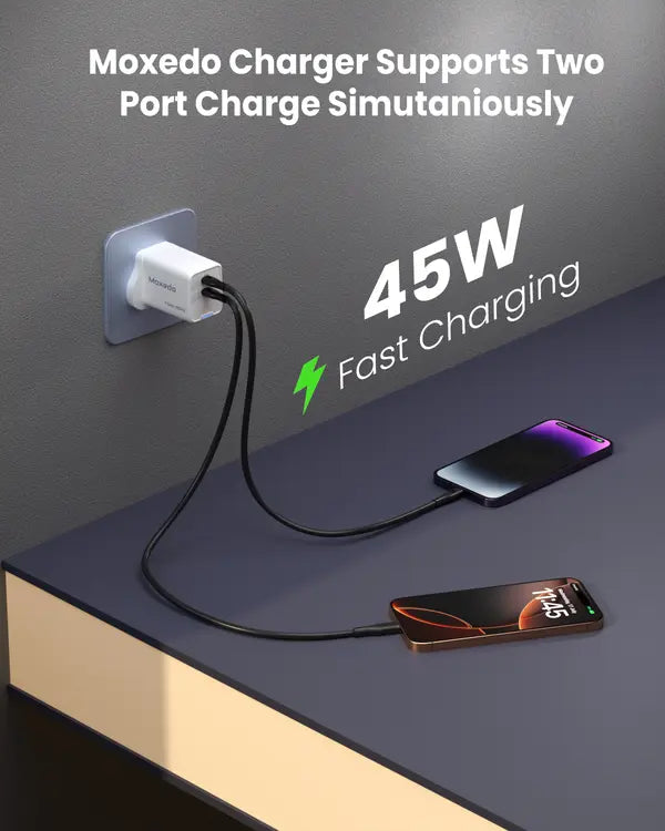 Moxedo Volton Pro PD GaN Charger 45W PD 3.0 with Dual USB-C Ports Adapter Wall Charger for iPhone, Samsung, Huawei and More Moxedo