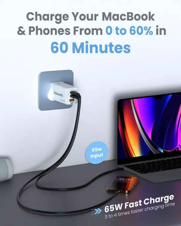 Moxedo Volton Pro PD GaN Charger 65W PD 3.0 with Dual USB-C/1 USB-A Port Adapter Wall Charger for iPhone, Samsung, Huawei and More Moxedo