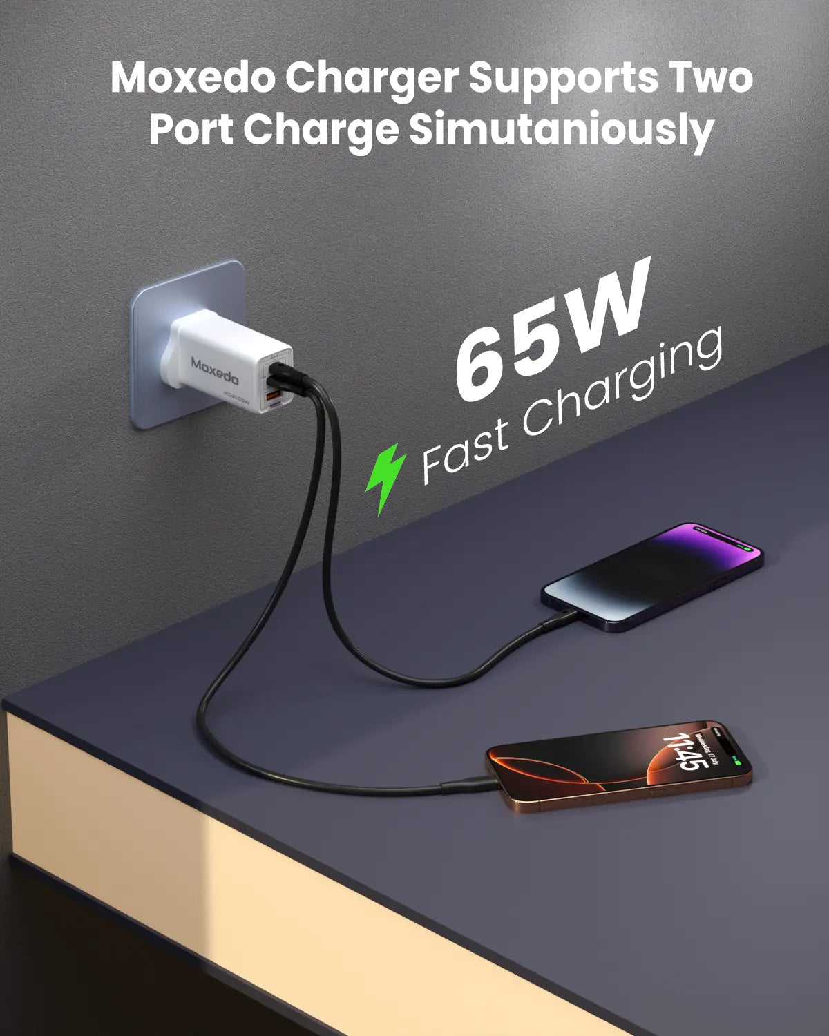 Moxedo Volton Pro PD GaN Charger 65W PD 3.0 with Dual USB-C/1 USB-A Port Adapter Wall Charger for iPhone, Samsung, Huawei and More Moxedo