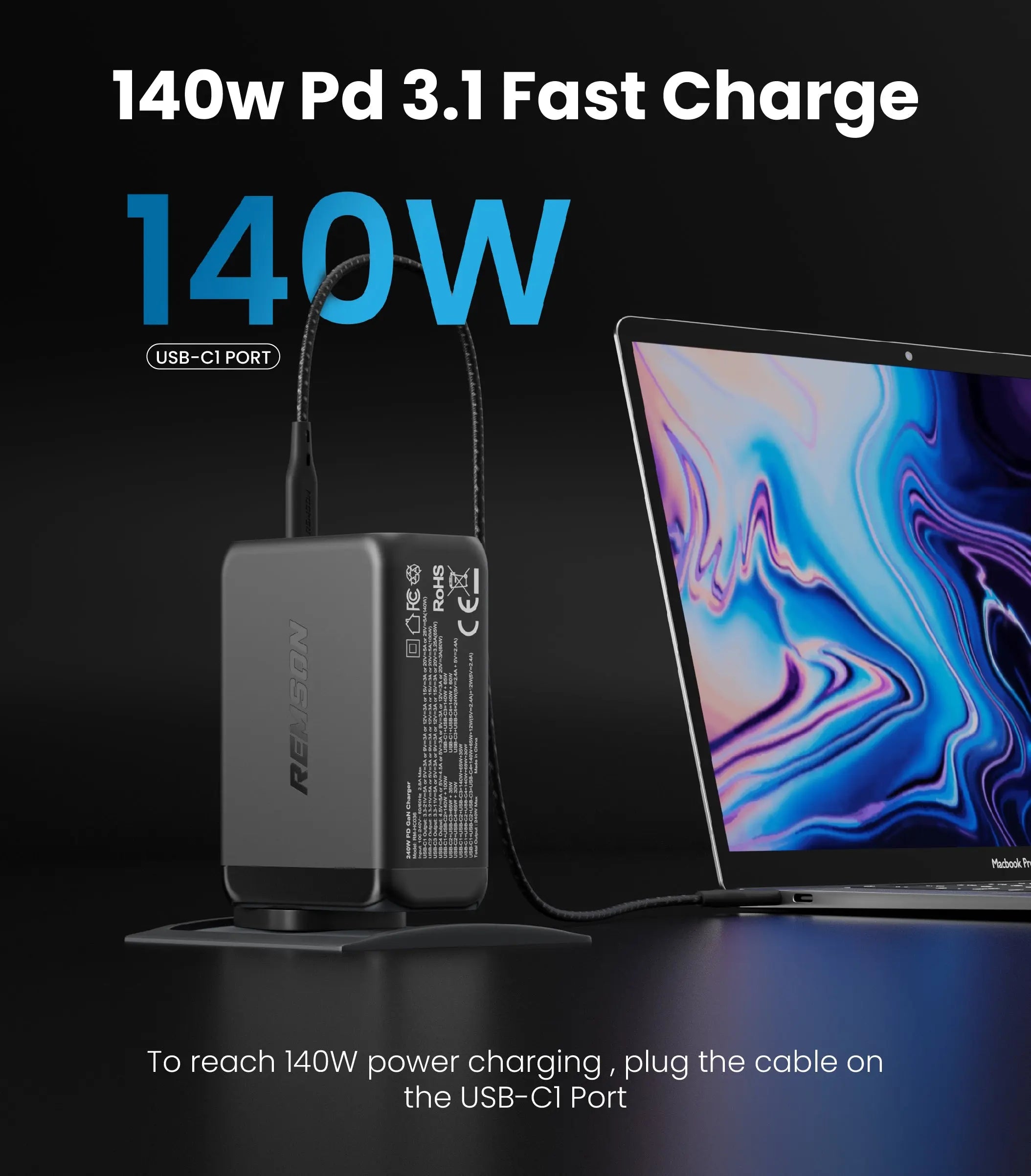 Remson Presto Charge 240W PD GaN 2 Charger 4- Ports USB-C Power Wall Adapter Fast Charging PD 3.0 Compatible with iPhone 16/15/14/13/Mini/Pro/Pro Max/SE/11/XR/XS, Samsung S22+/S22, MacBook Pro/Air, iPad and Laptops Remson