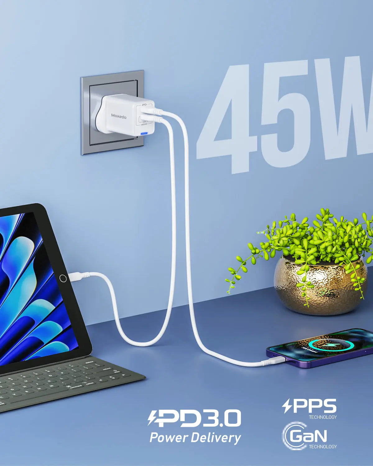 Moxedo Volton Pro PD GaN Charger 45W PD 3.0 with Dual USB-C Ports Adapter Wall Charger for iPhone, Samsung, Huawei and More Moxedo