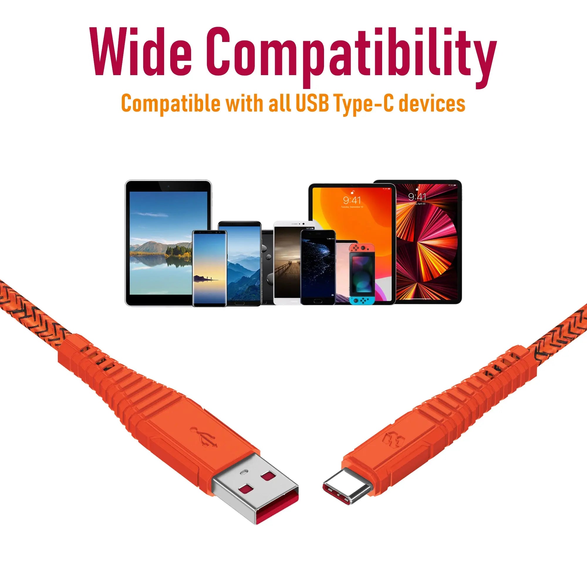 Moxedo Velox Nylon Braided Cable USB-A to USB-C Cable Fast Charge & Data Sync 2.0 - Orange