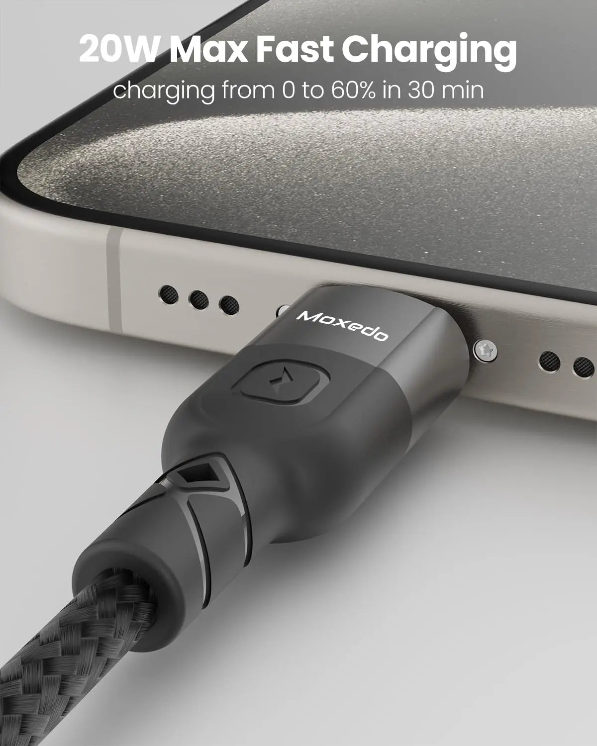 Moxedo 2 in 1 Charging Cable 30W Power Delivery Interchangeable USB-A/USB-C to L 1.2 Meters Braided Nylon Cable (Black)