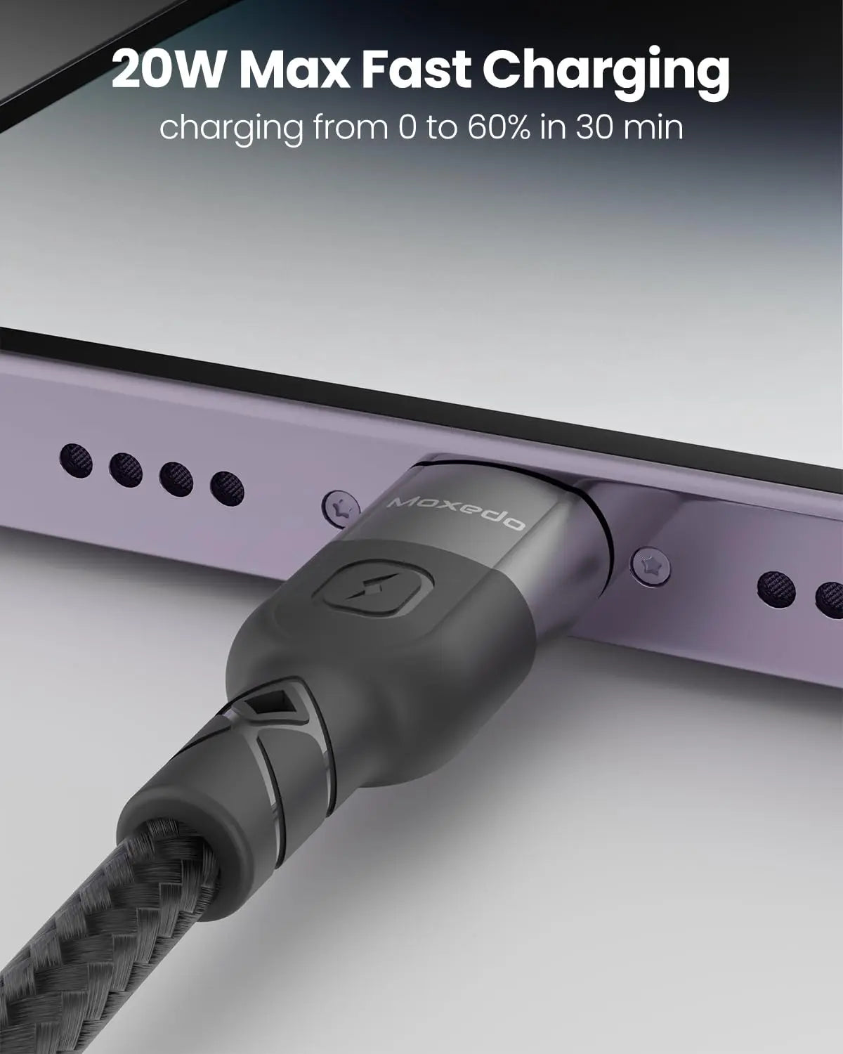 Moxedo 2 in 1 Charging Cable 30W Power Delivery Interchangeable USB-A/USB-C to L 1.2 Meters Braided Nylon Cable (Black)