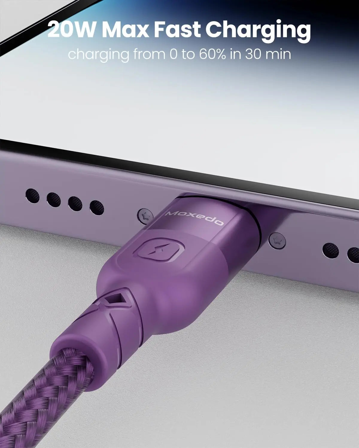 Moxedo 2 in 1 Charging Cable 30W Power Delivery Interchangeable USB-A/USB-C to L 1.2 Meters Braided Nylon Cable  (Purple)