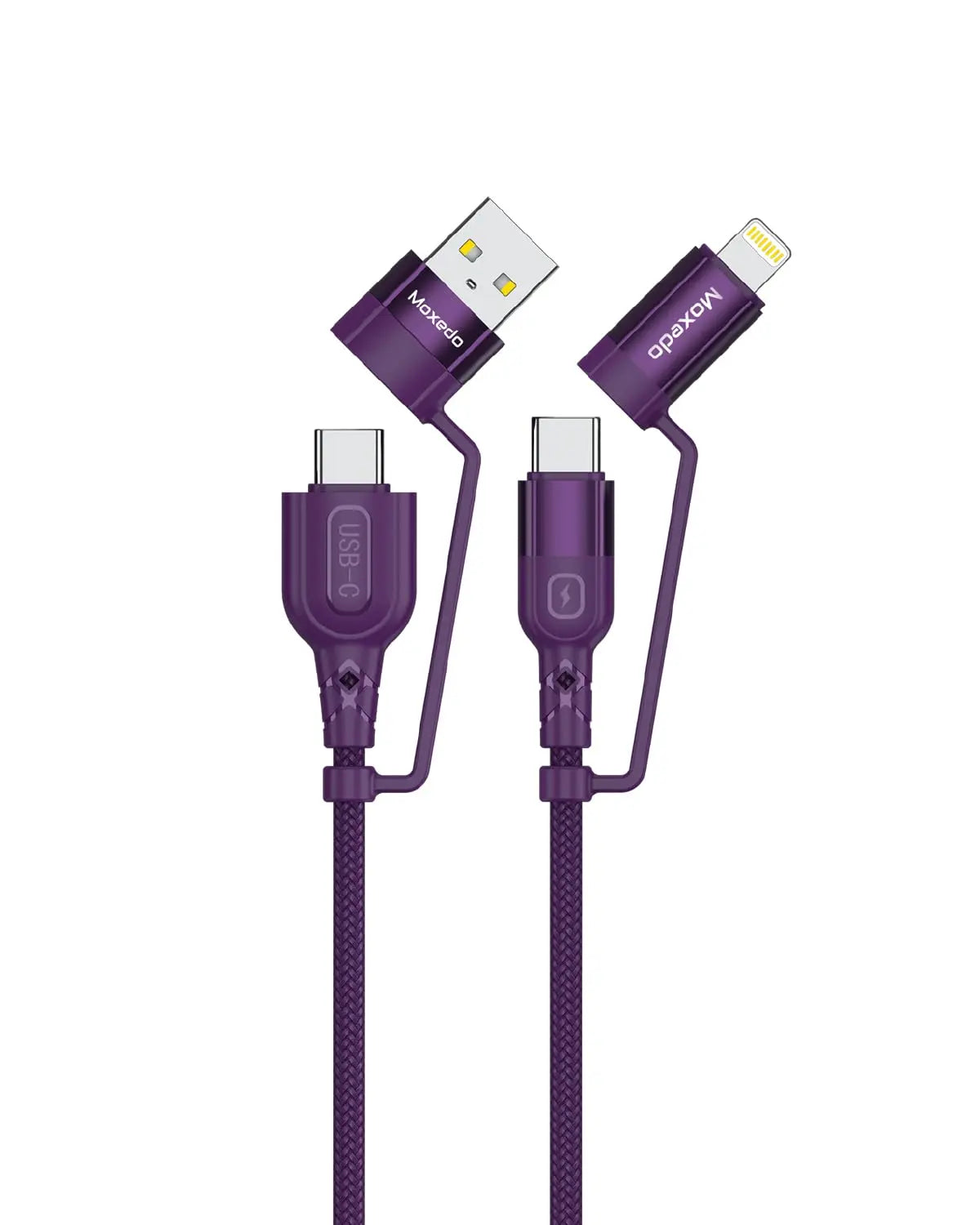 Moxedo 4 in 1 Charging Cable 60W Power Delivery Interchangeable USB-A/USB-C to USB-C/L 1.2 Meters Braided Nylon Cable (Purple)