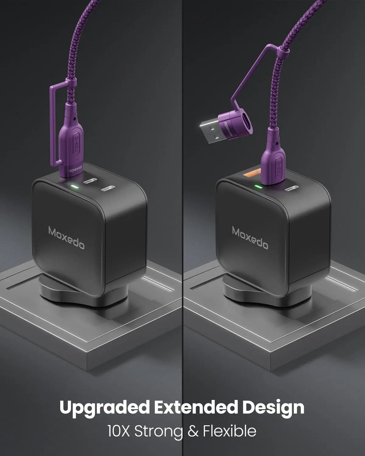 Moxedo 4 in 1 Charging Cable 60W Power Delivery Interchangeable USB-A/USB-C to USB-C/L 1.2 Meters Braided Nylon Cable (Purple)