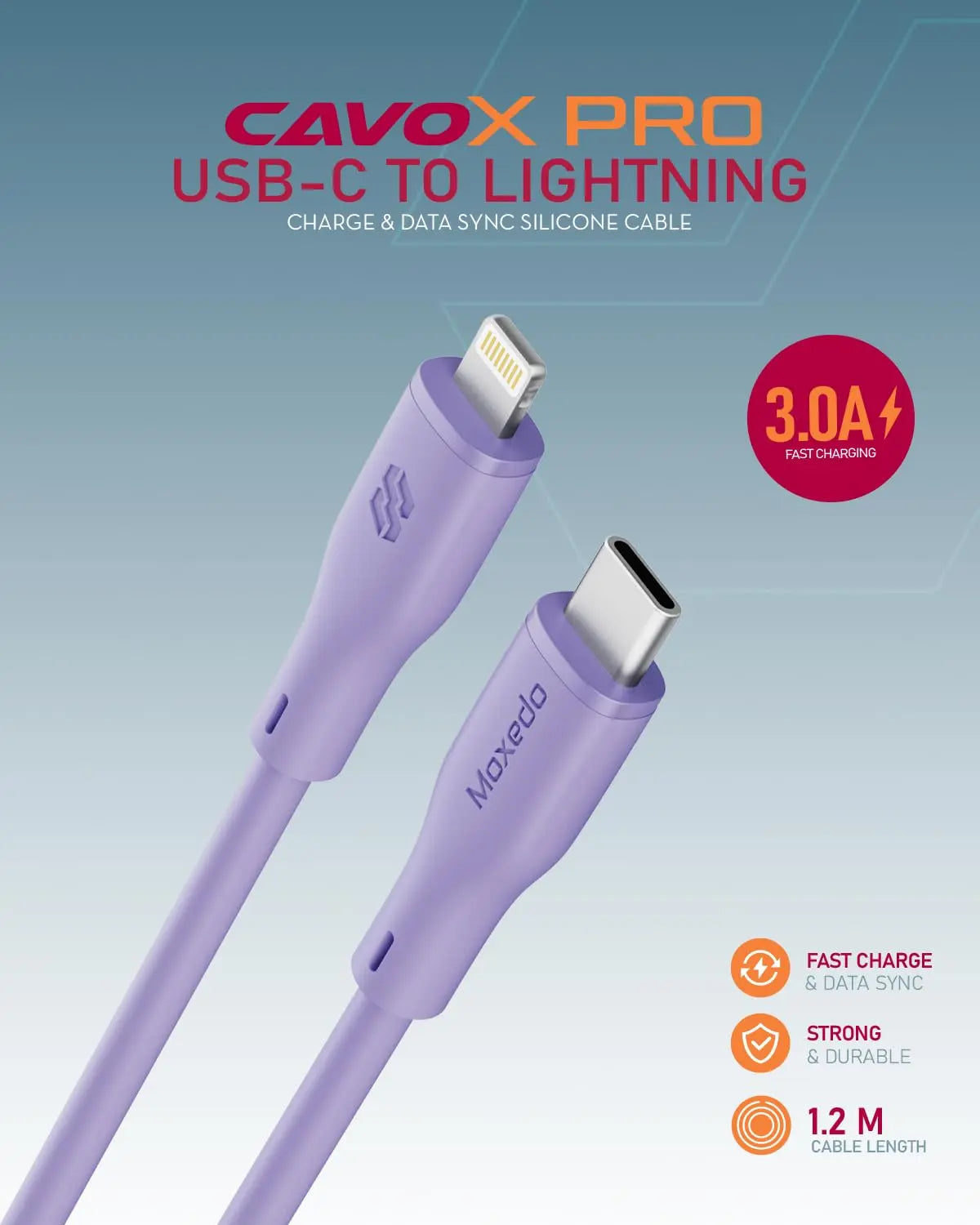 Moxedo CavoX Pro USB-C to Lightning Silicone Cable 27W PD Fast Charge and Data Sync 1.2m (Purple)