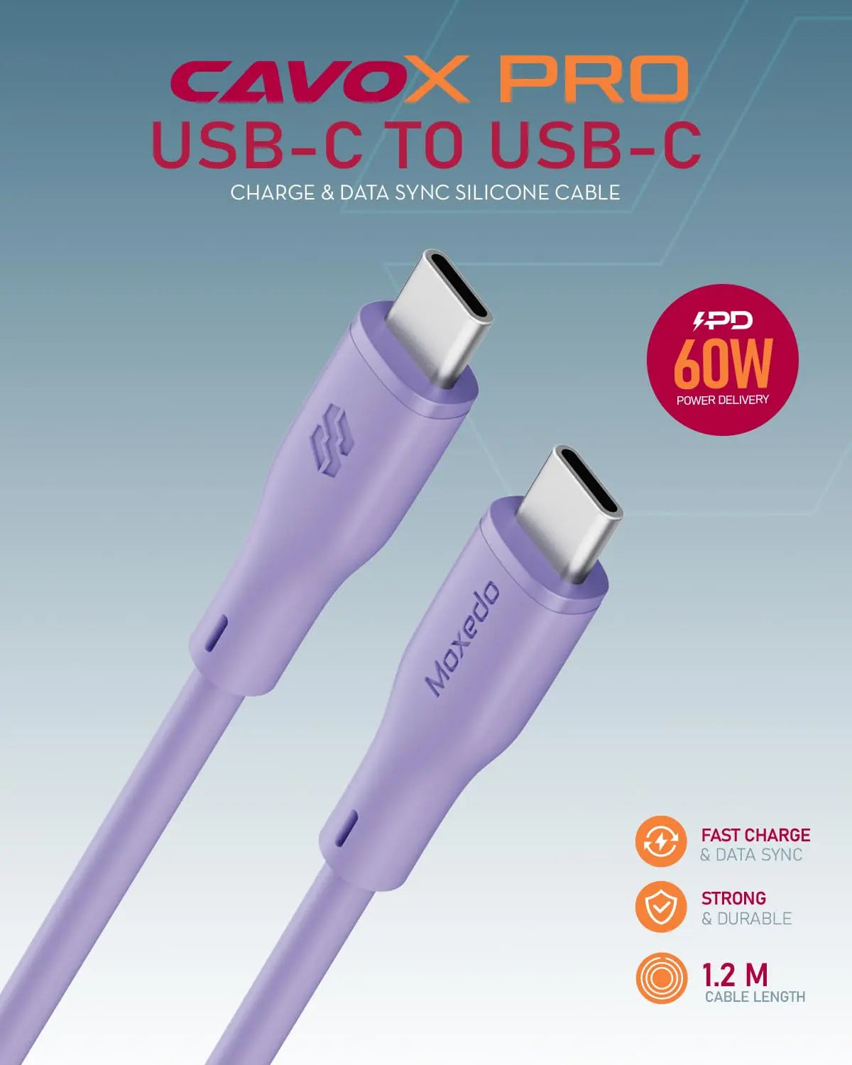 Moxedo CavoX Pro USB-C to USB-C Silicone Cable 60W PD Fast Charge and Data Sync 1.2m (Purple)