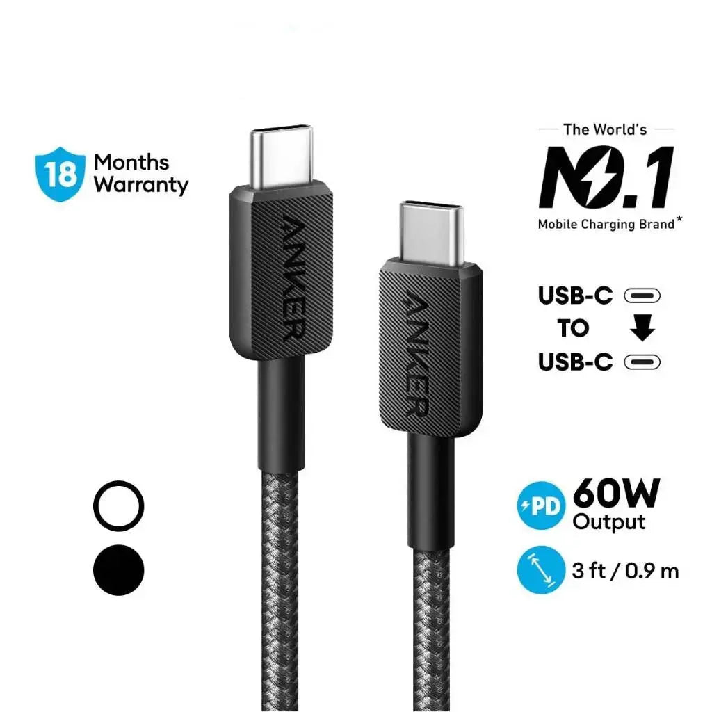 Anker 322 - USB-C to USB-C Cable 60W (3ft/0.9m Braided) -  Black