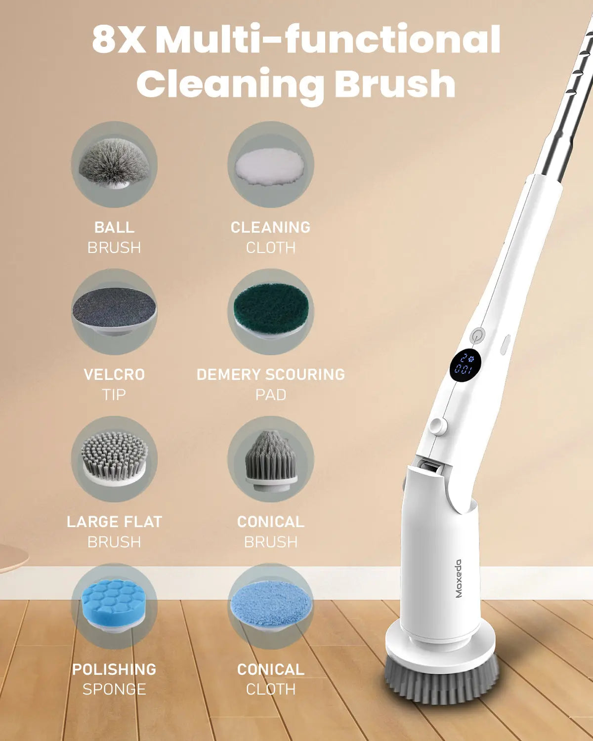 Moxedo 8 in 1 Electric Cleaning Brush Cordless Handheld Spin Scrubber Detachable Telescopic Handle with 8 Replaceable Brush Heads