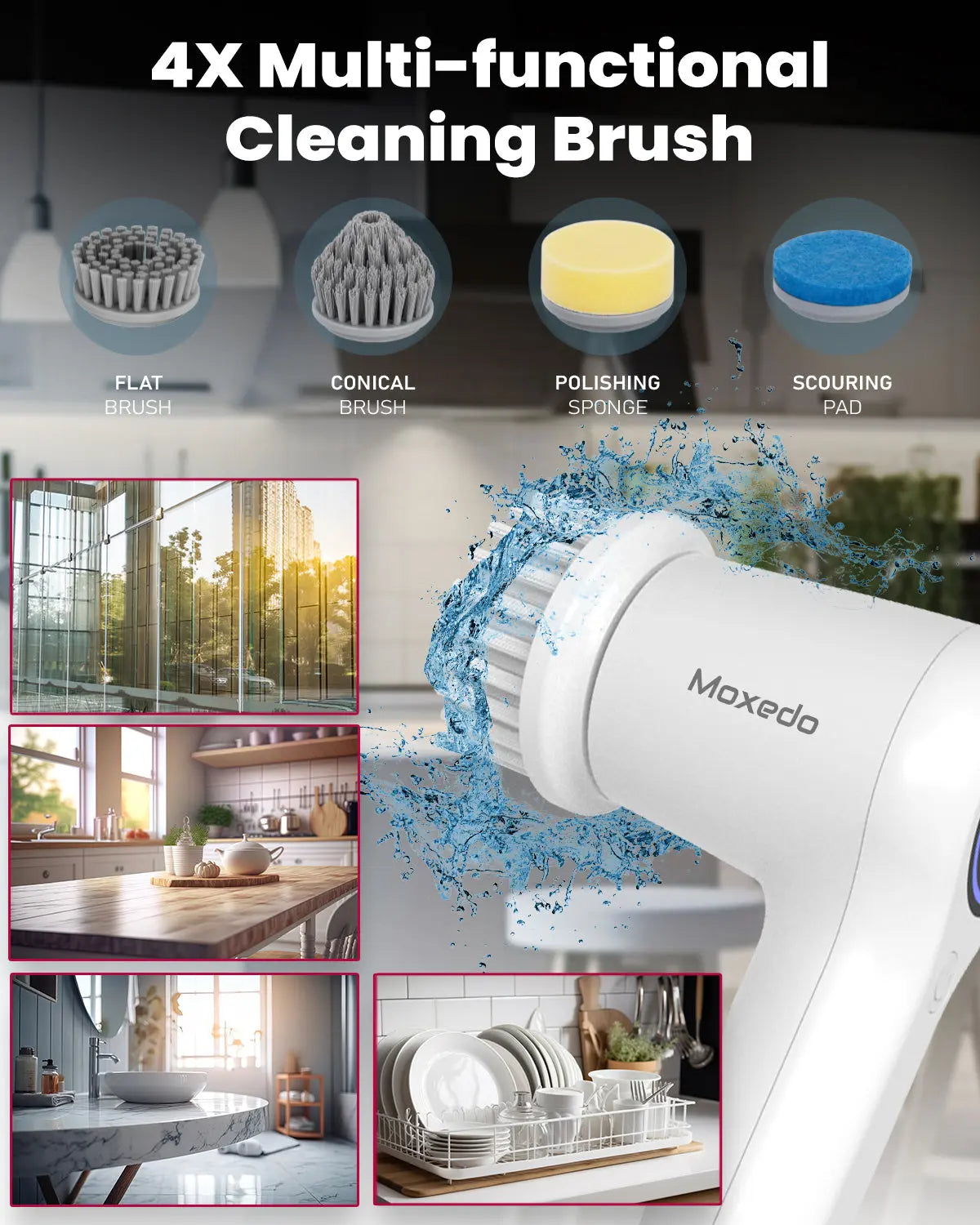 Moxedo 4 IN 1 Electric Cleaning Brush Cordless Handheld Spin Scrubber 2 Adjustable Speed with 4 Replaceable Brush Heads