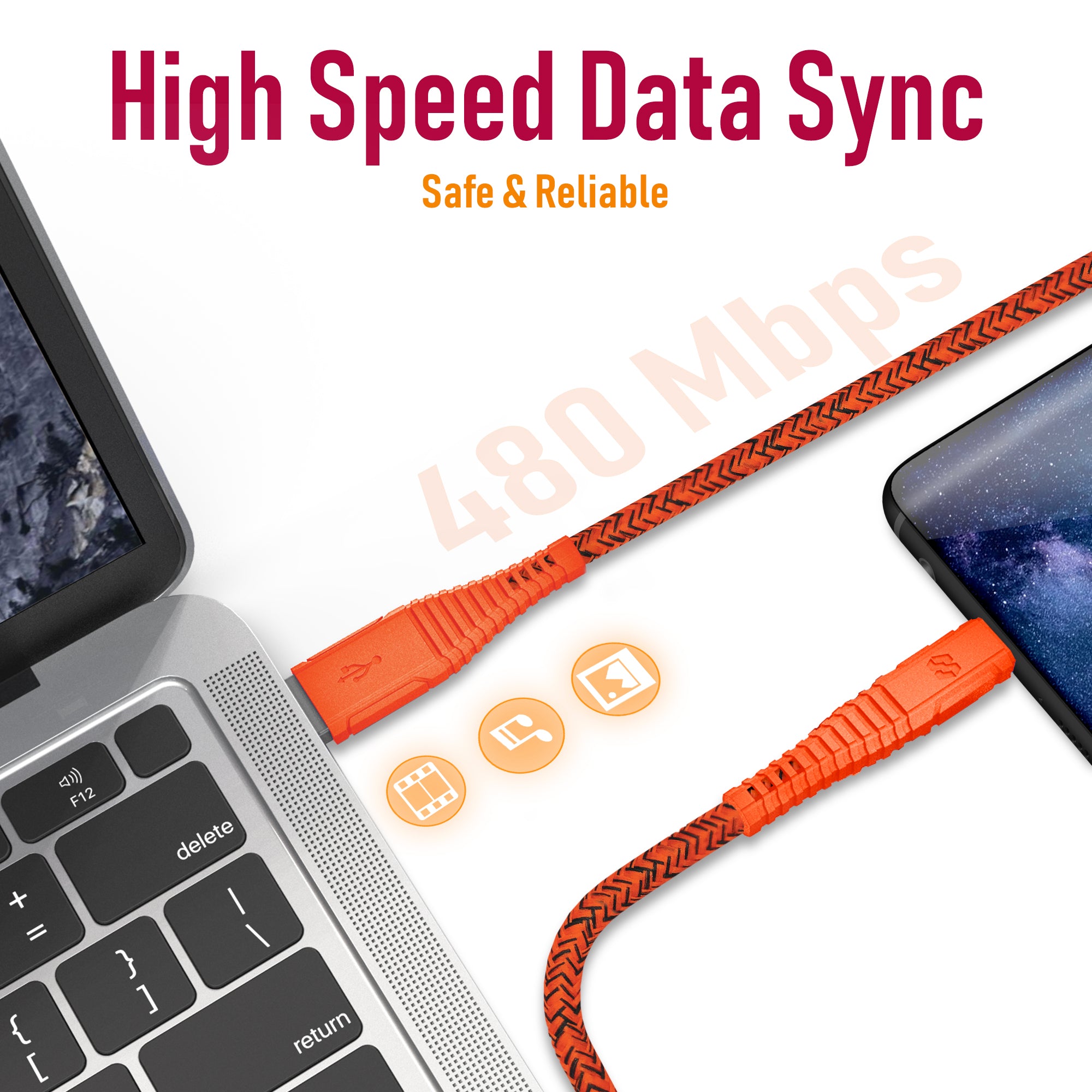 Moxedo Velox Nylon Braided Cable USB-A to USB-C Cable Fast Charge & Data Sync 2.0 - Orange