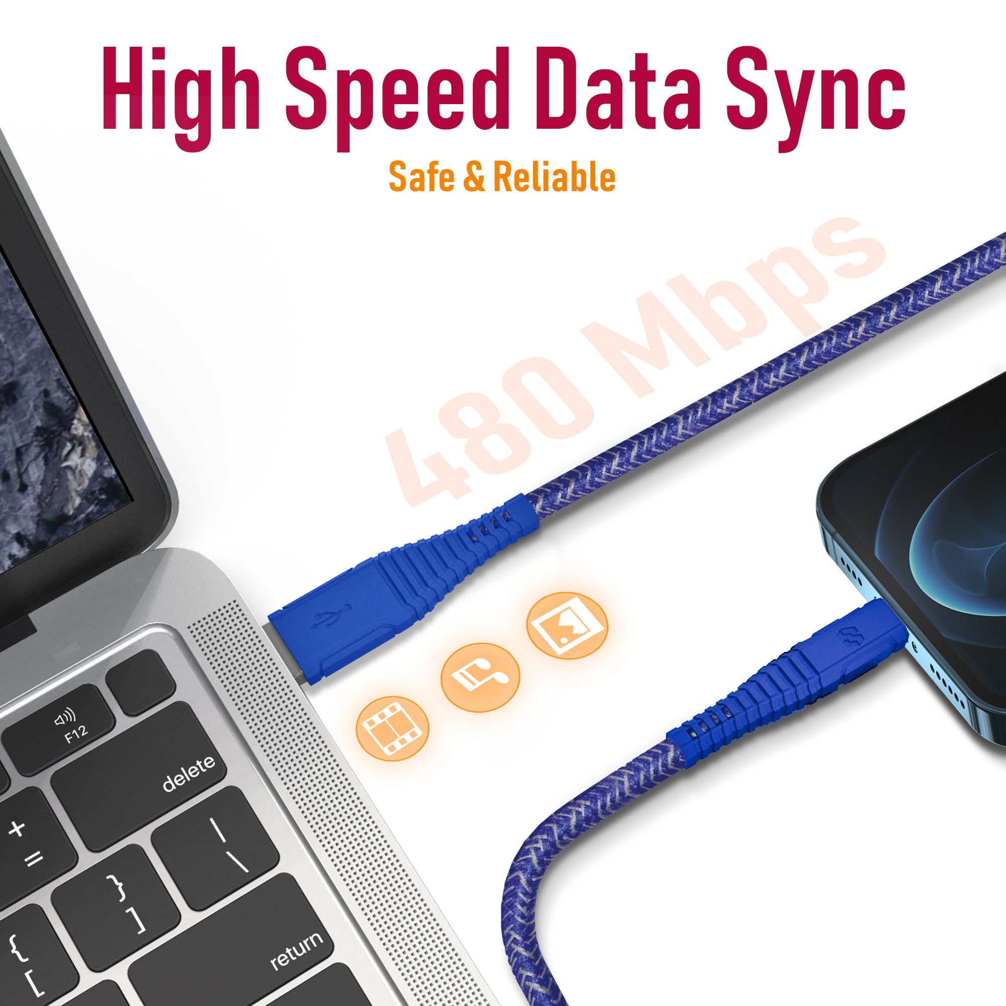 Moxedo Velox Nylon USB-A To Lightning Fast Charge & Data Sync Braided Cable 2m - Blue