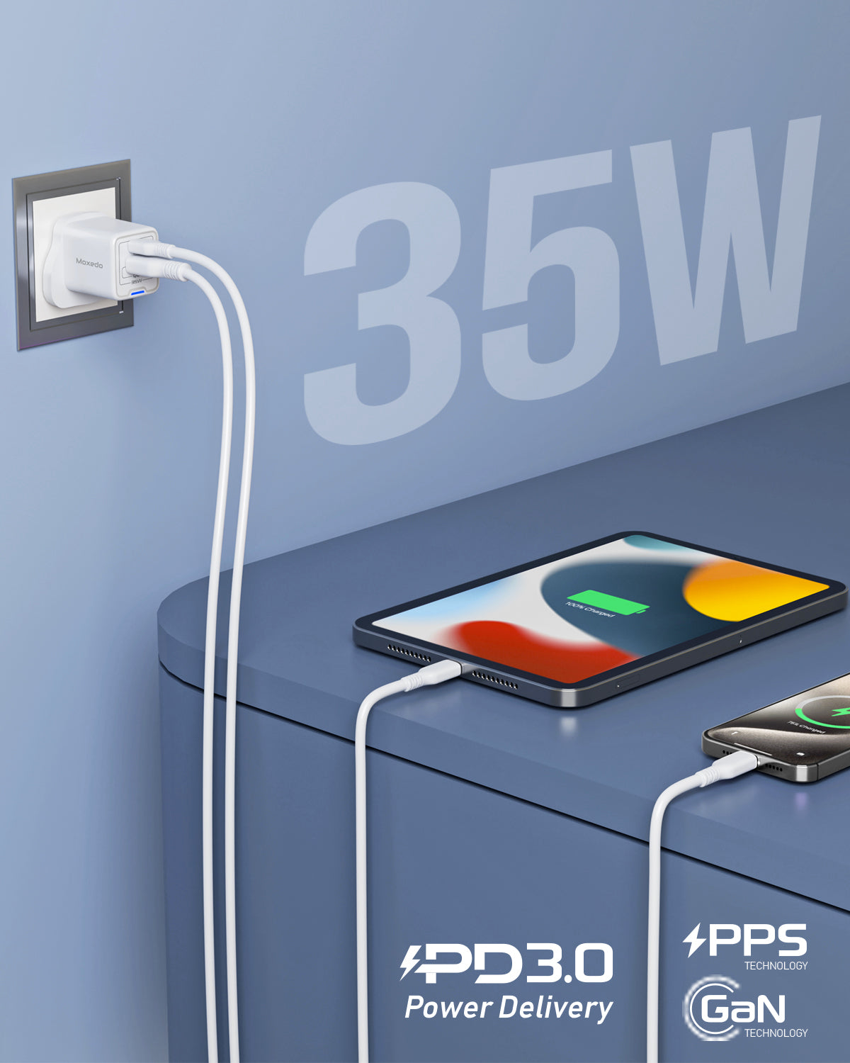 شاحن Moxedo Volton Pro PD GaN بقوة 35 وات PD 3.0 مع محول منفذ USB-C/USB-A لشاحن الحائط لأجهزة iPhone وSamsung وHuawei والمزيد